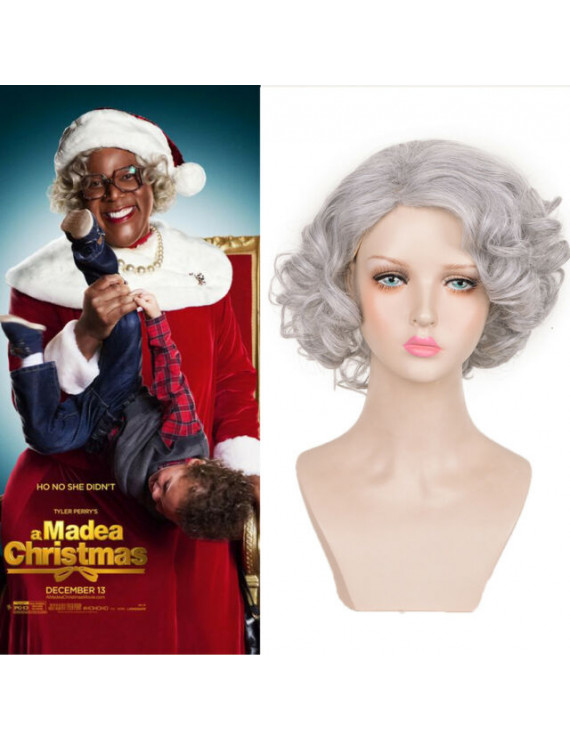 Boo! A Madea Halloween Aunt Bam Short Silver Curly Synthetic Cosplay Wig