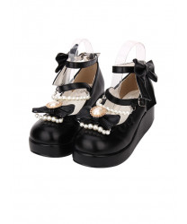 PU Leather Round-toe Bowknot Pearl Chain Classic Lolita Shoes