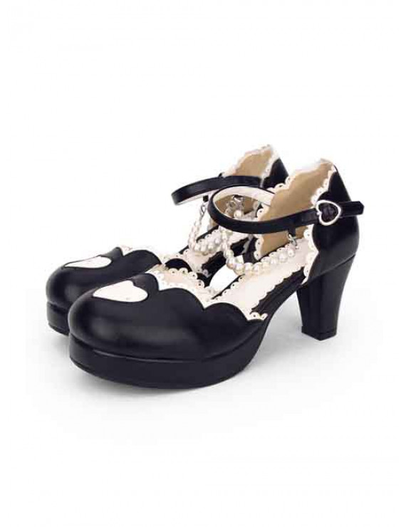 Sweet Lolita High Heels Shoes Round-toe Love Heart Lace Pearl Chain Shoes