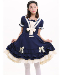 Classic Navy Blue Lolita Dress with White Lace Accents and Bow