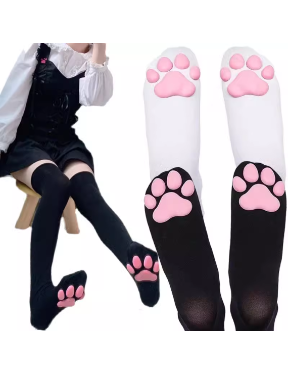 Kitten Paw Pad Socks - 3D Cat Claw Thigh High Stockings in Pink, Black, and White - Pack of 2 - Perfect for Lolita Cat Cosplay - Adorable and Cute