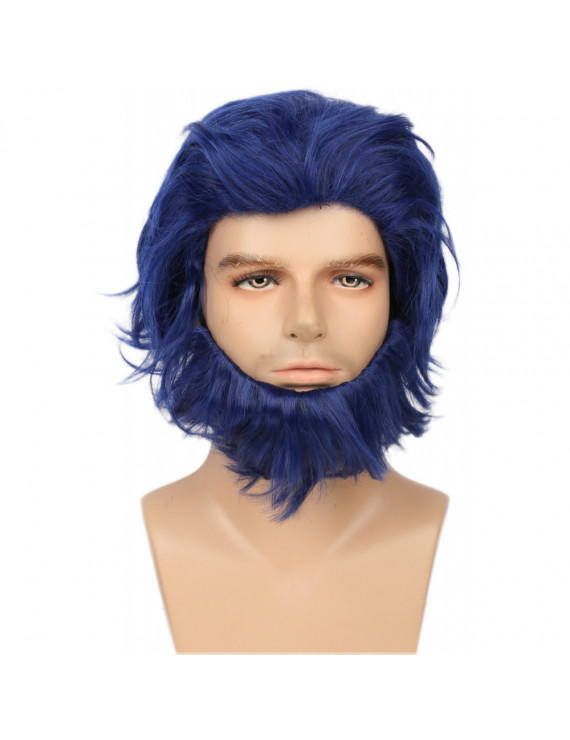 X Men Beast Wig Movie Cosplay Costume Blue Short Hair Accessories Beard Props For Men