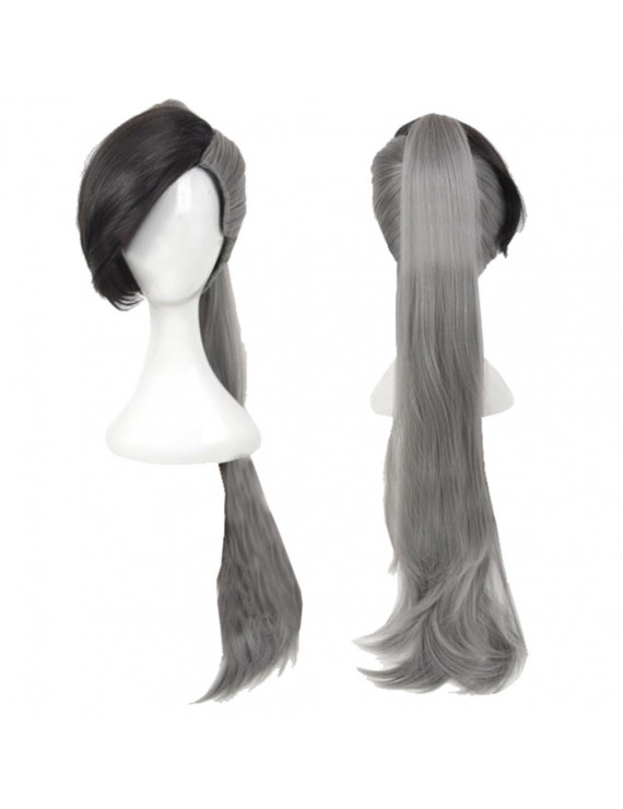 Fairy Tail Future Rogue Cheney Long Gray Cosplay Hair Wig with Clip on Ponytail