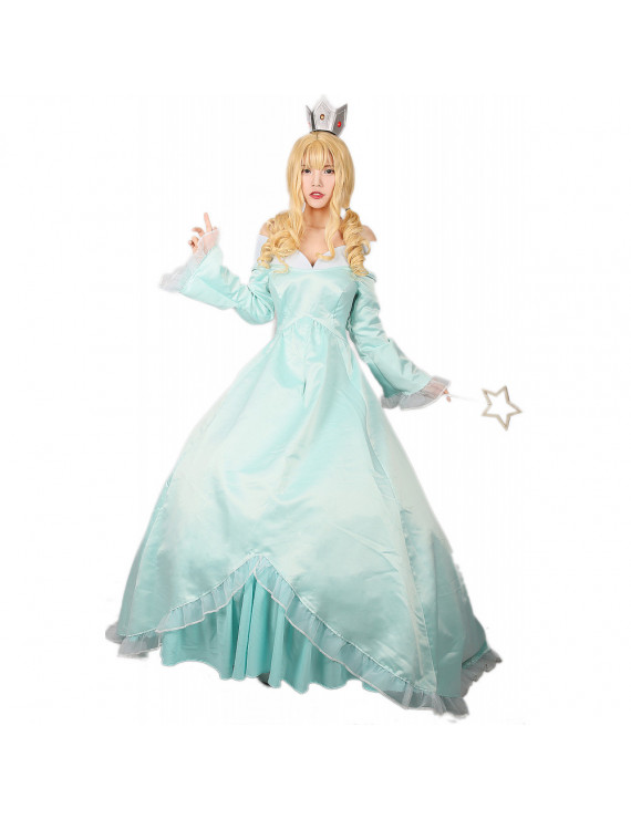 Super Mario Princess Rosalina Cosplay Costume Elegant Aqua Blue Womens Off Shoulder Dress