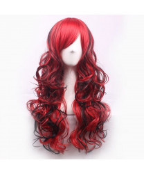 Black Mixed Red Long Wavy Heat Resistant Fiber Side Bang Lolita Wig