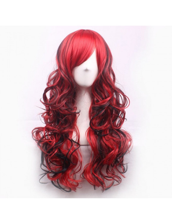 Black Mixed Red Long Wavy Heat Resistant Fiber Side Bang Lolita Wig