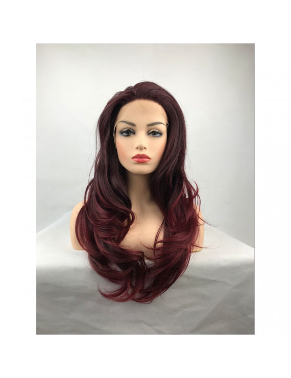 Dark Red Long Wavy Heat Resistant Fiber Lace Front Lolita Wigs