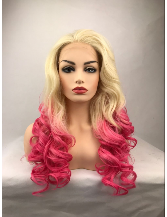 Long Wavy Blonde Pink Lace Front Synthetic Hair Lolita Ombre Wig