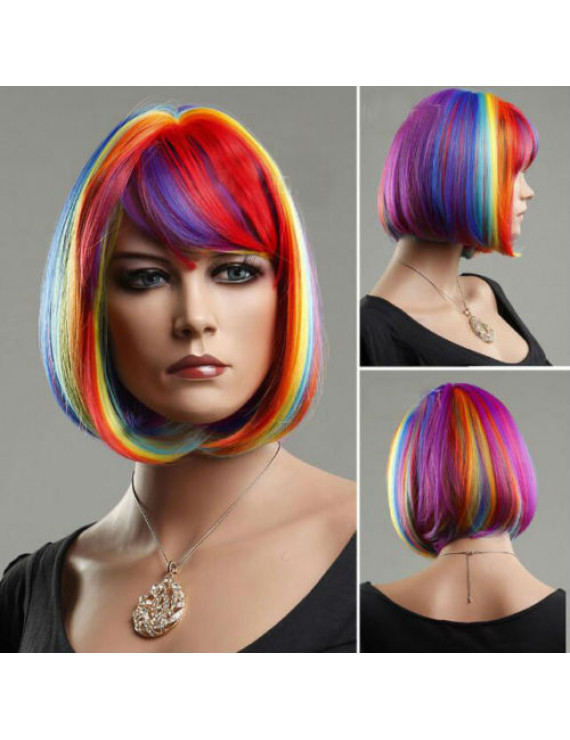 Short Multicolor Rainbow Straight BOB Cosplay Wig