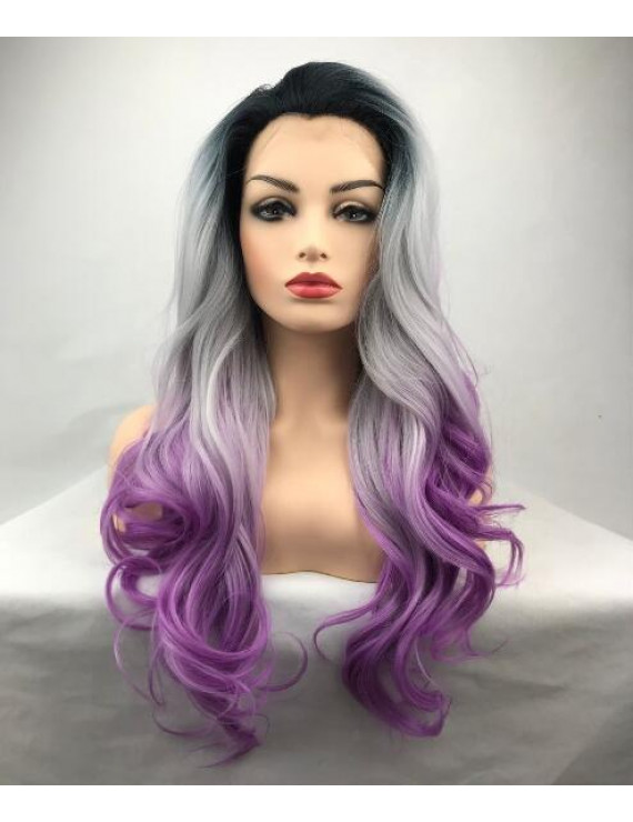 Lace Front Long Wavy Purple Ombre Synthetic Hair Women Wig