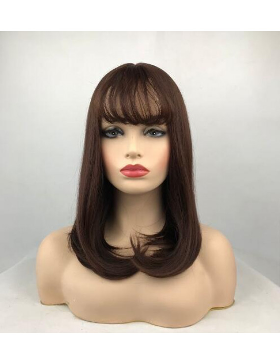 Brown Red Medium Length Straight Bob Synthetic Hair Full Women Wig