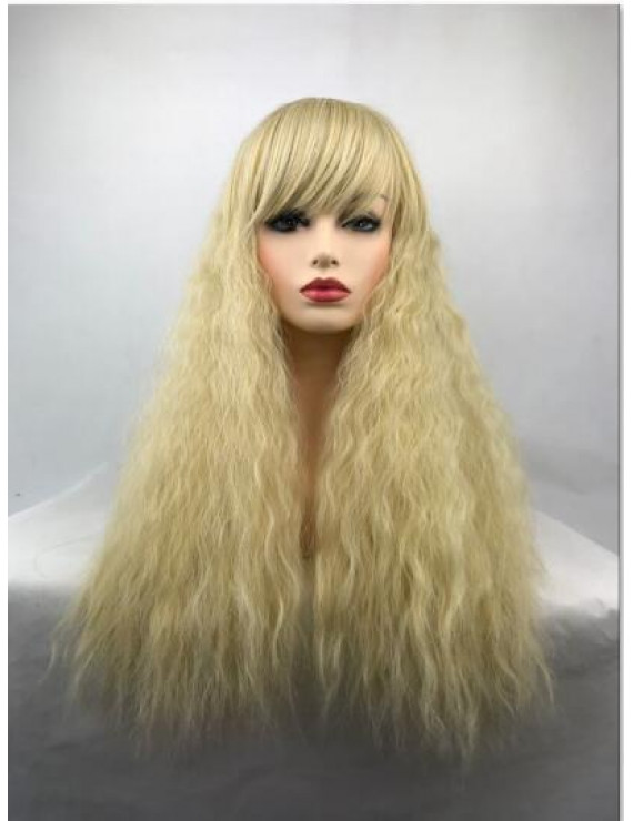 Blonde Long Curly Heat Resistant Fiber Full Synthetic Hair Wig with Full Bang
