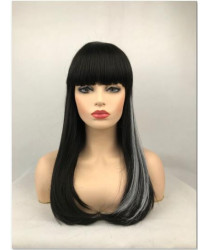 Black Mixed White Long Straight Synthetic Hair Full Wig with Bangs