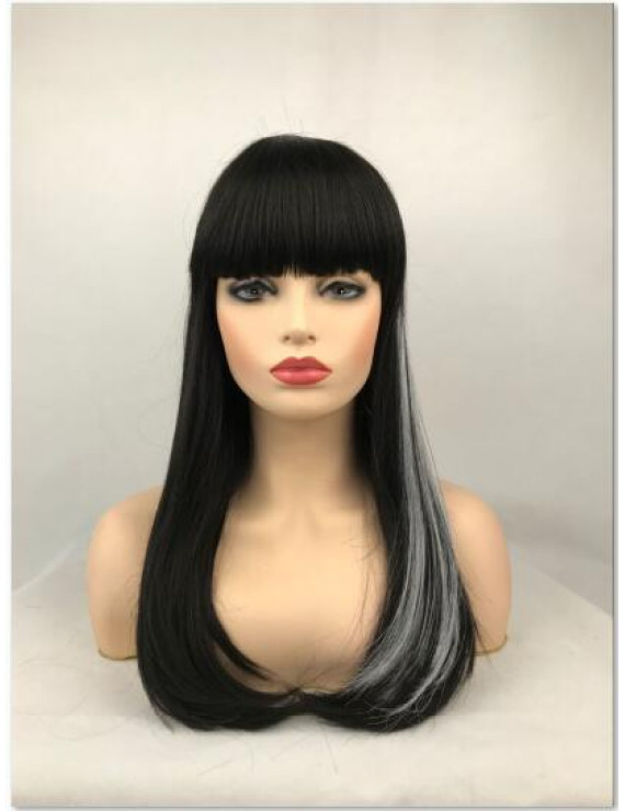 Black Mixed White Long Straight Synthetic Hair Full Wig with Bangs