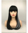Black Mixed White Long Straight Synthetic Hair Full Wig with Bangs
