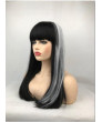 Black Mixed White Long Straight Synthetic Hair Full Wig with Bangs