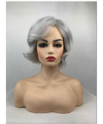 Capless Gray Short Wavy Synthetic Hair Full Wig with Side Bangs