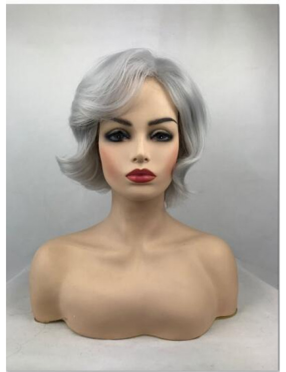 Capless Gray Short Wavy Synthetic Hair Full Wig with Side Bangs