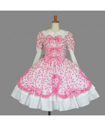 White and Pink Medium-length Long Sleeves Cotton Lolita Dress
