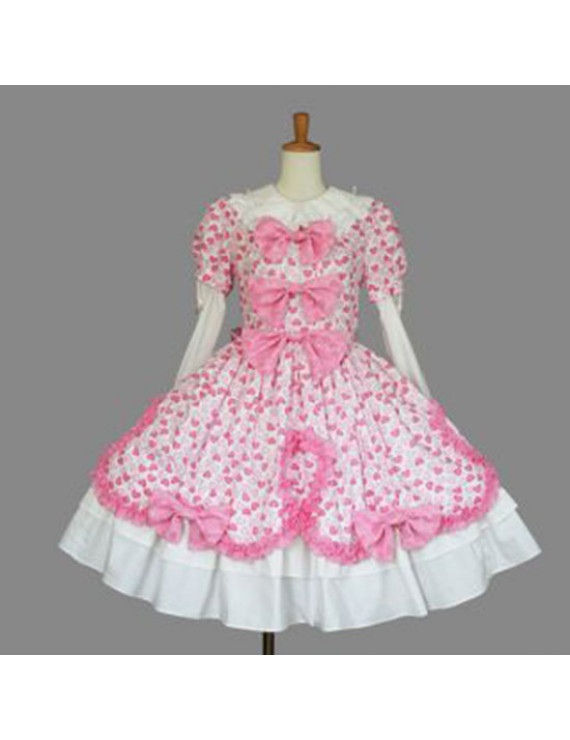 White and Pink Medium-length Long Sleeves Cotton Lolita Dress