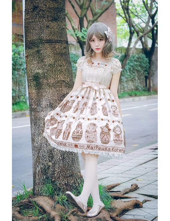 Apricot Short Sleeves Cotton Chiffon Sweet Lolita Dress Cosplay Costume