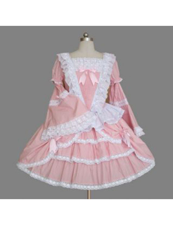 White and Pink Long Sleeves Cotton Lolita Dress Cosplay Costumes 