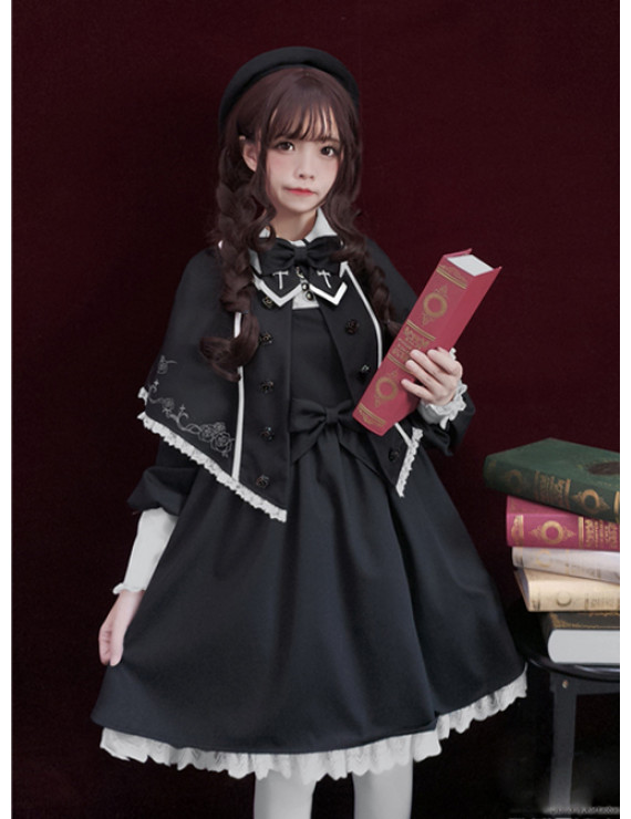 Retro Black Gothic Lolita Long Sleeves Dress And Shawl