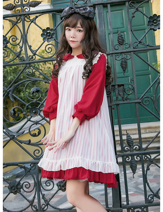 Fashion Lolita Dress Alice Cute Doll Collar Chiffon Party Dress With Overskirt