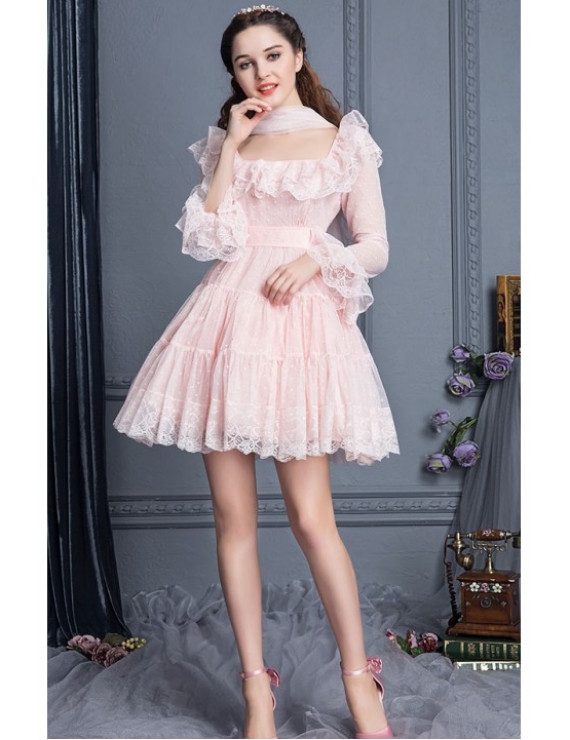 Lace High Waist- Trumpet Sleeves- Square Collar~ Sweet Lolita Cupcake Dress