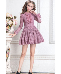 Openwork lace round neck high waist waist long sleeve sweet princess dress