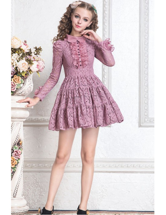 Openwork lace round neck high waist waist long sleeve sweet princess dress