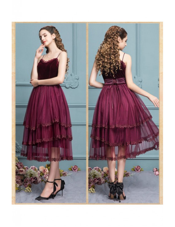 Sweet Dark Red Lace Slim Mesh jsk dress ,High Waist Sleeveless Suspender, Princess Lolita Dress