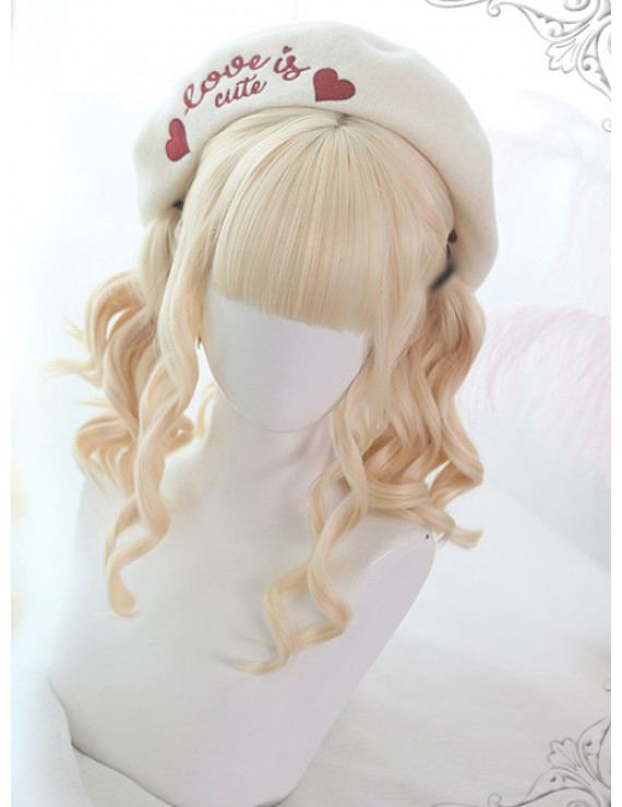 Sweet Lolita Wig Blonde Long Curly Synthetic Hair Party Wig Neat Bangs