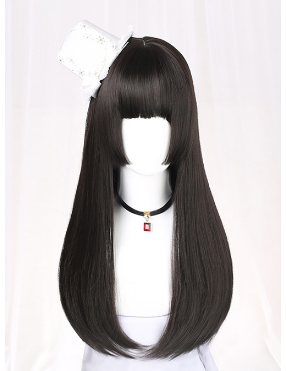 Glassic Lolita Wig Black Long Staight Synthetic Hair Party Wig Hime Cut