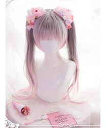 Sweet Lolita Wig Long Curly Gray-pink Gradient Double Ponytail Party Wig with Bangs