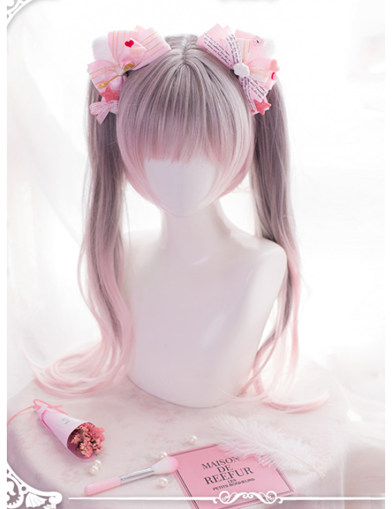 Sweet Lolita Wig Long Curly Gray-pink Gradient Double Ponytail Party Wig with Bangs