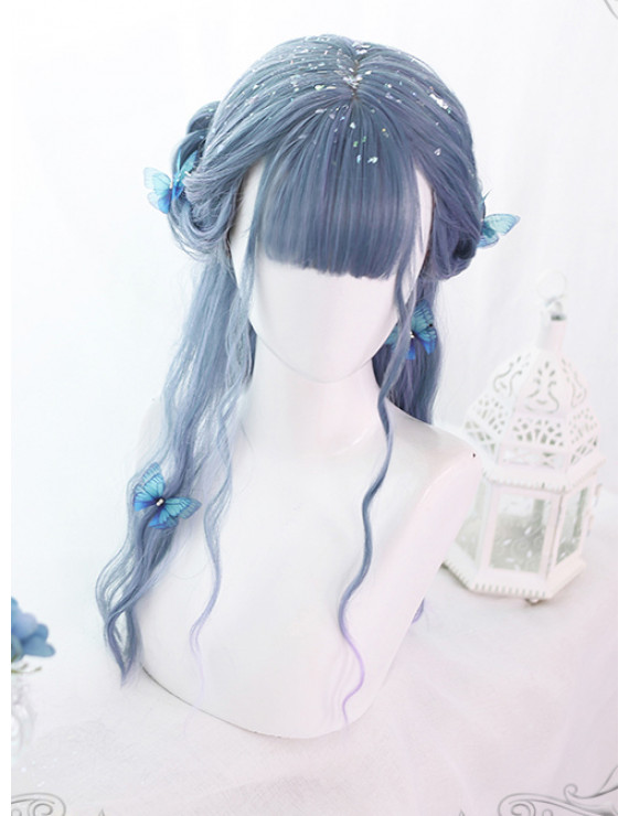 Sweet Lolita Wig Blue-purple Gradient Long Curly Synthetic Hair Wig Neat Bangs