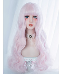 Sweet Lolita Wig Pink Air Bangs Long Curly Synthetic Hair Party Wig