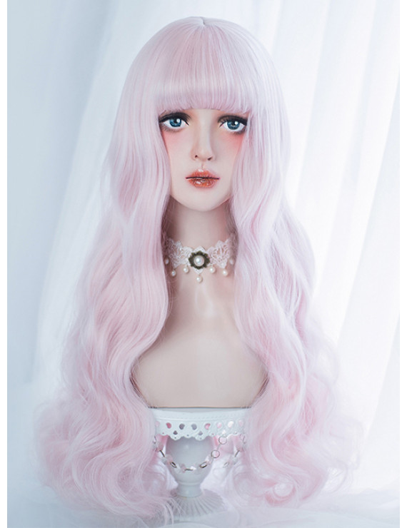 Sweet Lolita Wig Pink Air Bangs Long Curly Synthetic Hair Party Wig