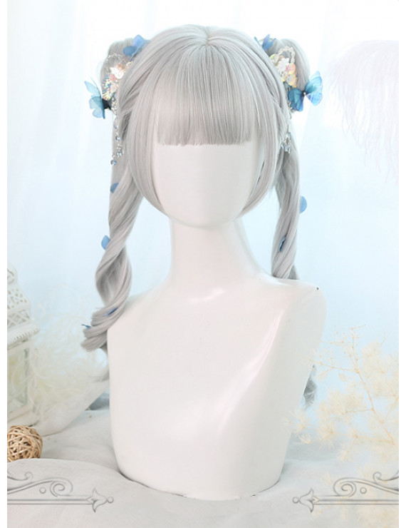 Sweet Lolita Wig Gray Long Curly Synthetic Hair Gray Dual Horsetail Wig