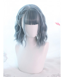 Sweet Lolita Wig Blue Short Curly Bob Hair Party Wig Air Bangs