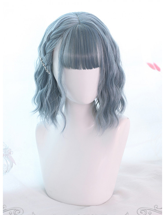 Sweet Lolita Wig Blue Short Curly Bob Hair Party Wig Air Bangs