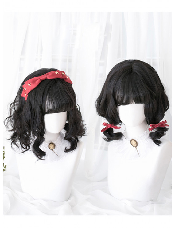 Classic Lolita Wig Black Short Curly Synthetic Hair Party Wig Air Bangs