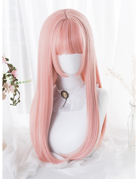 Sweet Lolita Wig Hime Cut Pink Long Straight Hair Wigs Air Bangs