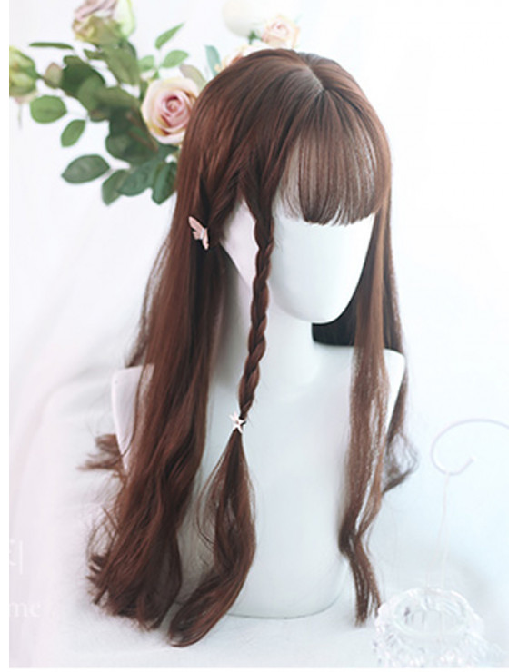 Sweet Lolita Wig Brown Long Curly Synthetic Hair Party Wig Air Bangs