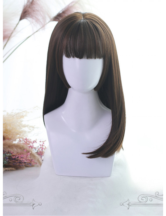 Sweet Lolita Wig Hime Cut Medium Long Straight Hair Wigs ( Black Gray Brown )