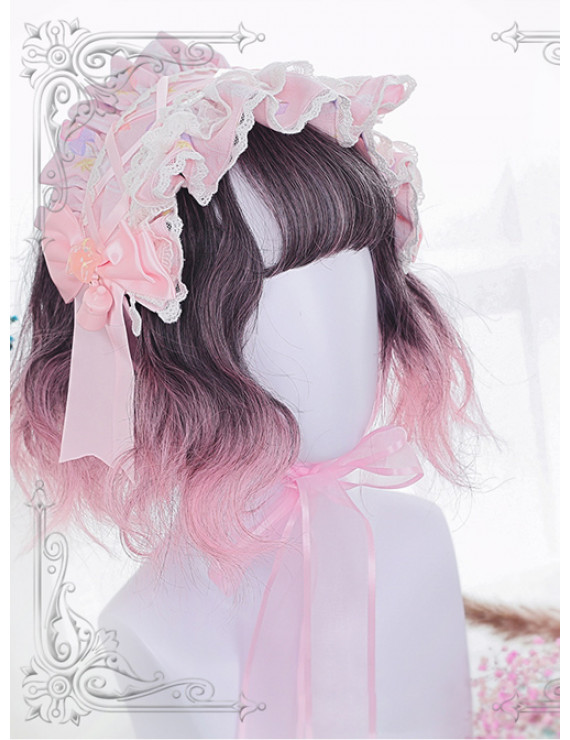 Sweet Lolita Wig Harajuku Pink Gradual Change Synthetic Hair Party Wig Air Bangs