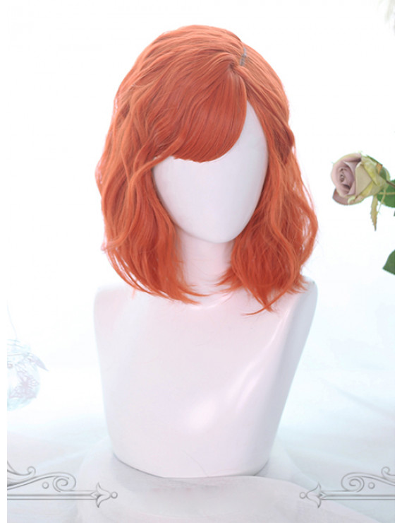 Sweet Lolita Wig Orange Medium Curly Bob Hair Party Wig Air Bangs