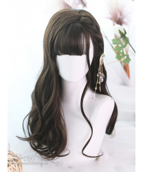 Classic Lolita Wig Brown Long Curly Synthetic Hair Party Wig Air Bangs