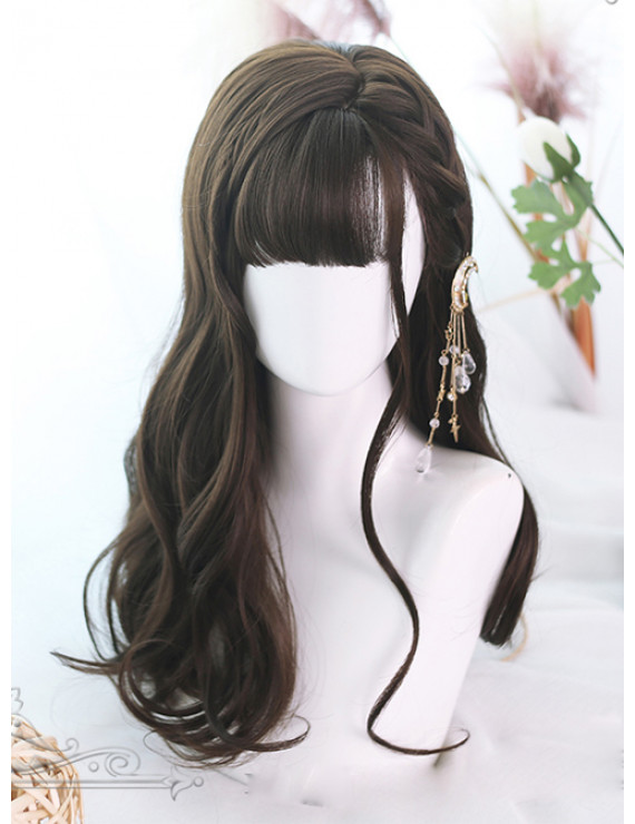 Classic Lolita Wig Brown Long Curly Synthetic Hair Party Wig Air Bangs